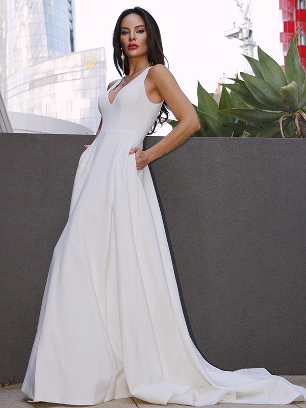 NumberSea - A - Line/Princess Stretch Crepe Ruffles V - neck Sleeveless Sweep/Brush Train Wedding Dresses