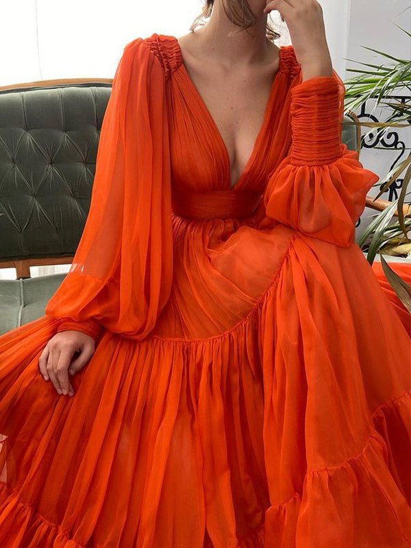 NumberSea - A - Line/Princess Sweep/Brush Train V - neck Long Sleeves 30D Chiffon Ruffles Dresses