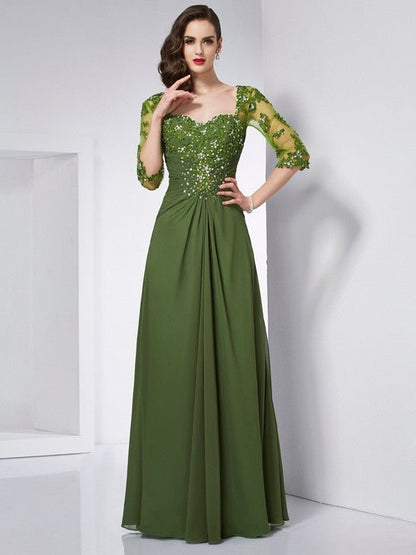 NumberSea - A - Line/Princess Sweetheart 3/4 Sleeves Beading Long Chiffon Dresses