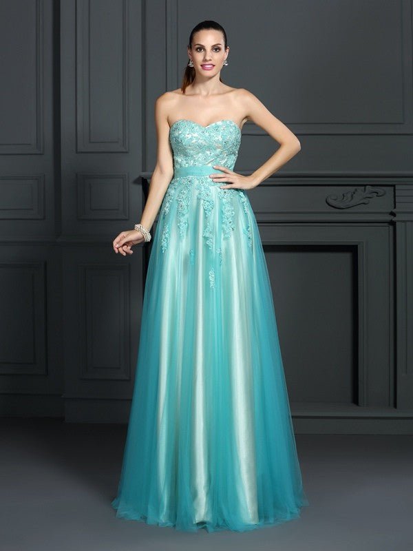 NumberSea - A - Line/Princess Sweetheart Applique Sleeveless Long Elastic Woven Satin Dresses