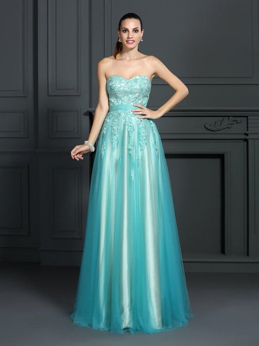 NumberSea - A - Line/Princess Sweetheart Applique Sleeveless Long Elastic Woven Satin Dresses