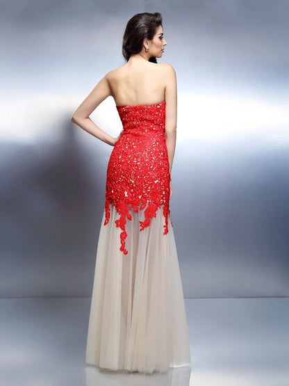 NumberSea - A - Line/Princess Sweetheart Applique Sleeveless Long Net Dresses