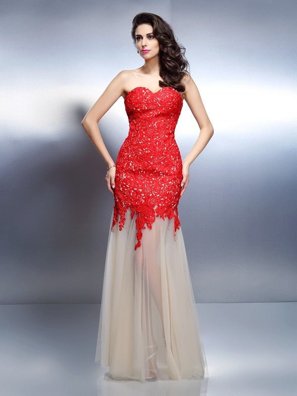 NumberSea - A - Line/Princess Sweetheart Applique Sleeveless Long Net Dresses