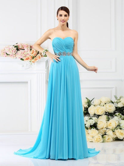 NumberSea - A - Line/Princess Sweetheart Beading Pleats Sleeveless Long Chiffon Bridesmaid Dresses