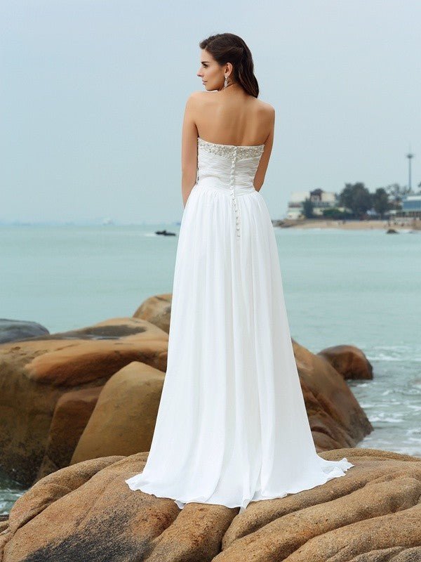 NumberSea - A - Line/Princess Sweetheart Beading Sleeveless Long Chiffon Beach Wedding Dresses