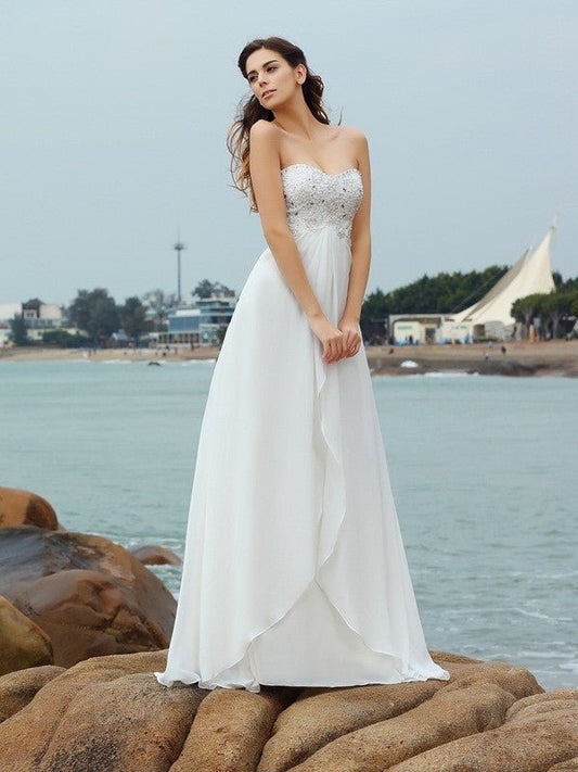 NumberSea - A - Line/Princess Sweetheart Beading Sleeveless Long Chiffon Beach Wedding Dresses