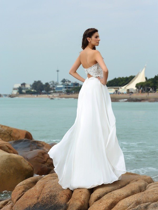 NumberSea - A - Line/Princess Sweetheart Beading Sleeveless Long Chiffon Beach Wedding Dresses