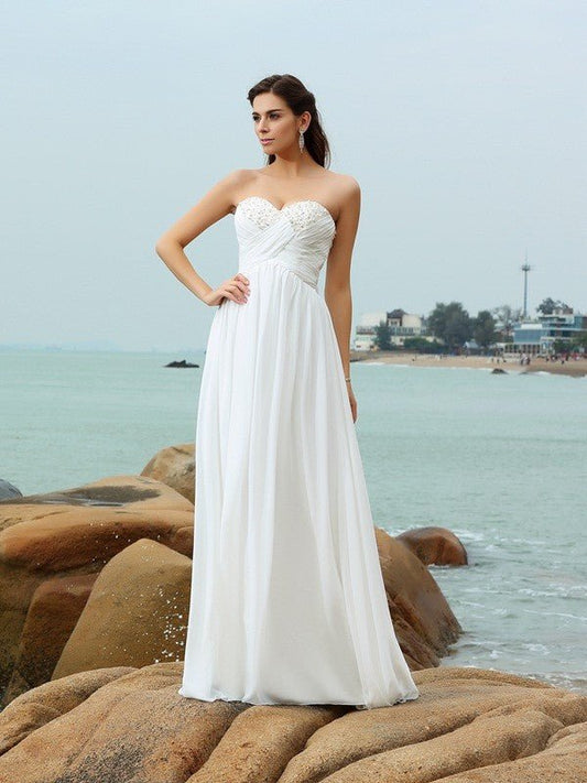 NumberSea - A - Line/Princess Sweetheart Beading Sleeveless Long Chiffon Beach Wedding Dresses