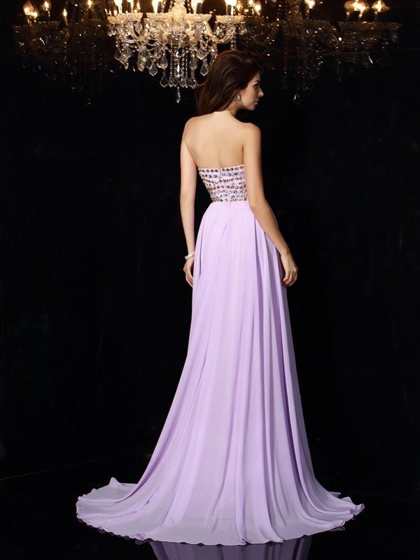 NumberSea - A - Line/Princess Sweetheart Beading Sleeveless Long Chiffon Sweep/Brush Train Dresses