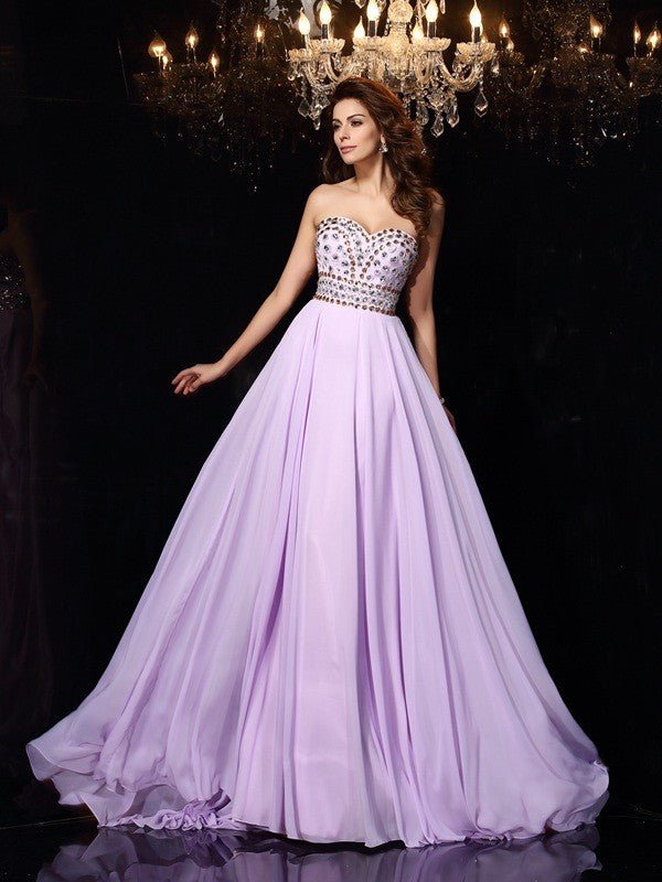 NumberSea - A - Line/Princess Sweetheart Beading Sleeveless Long Chiffon Sweep/Brush Train Dresses