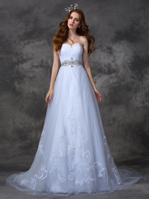 NumberSea - A - line/Princess Sweetheart Beading Sleeveless Long Satin Wedding Dresses