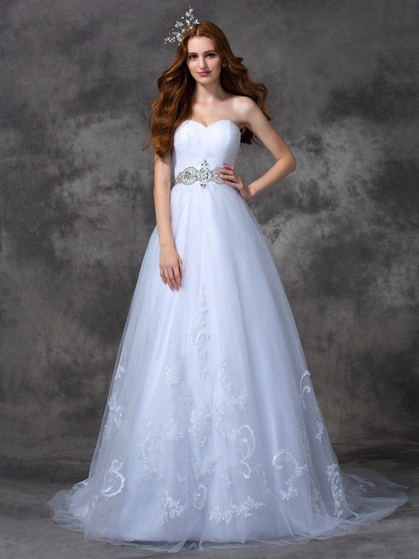 NumberSea - A - line/Princess Sweetheart Beading Sleeveless Long Satin Wedding Dresses