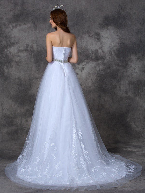 NumberSea - A - line/Princess Sweetheart Beading Sleeveless Long Satin Wedding Dresses