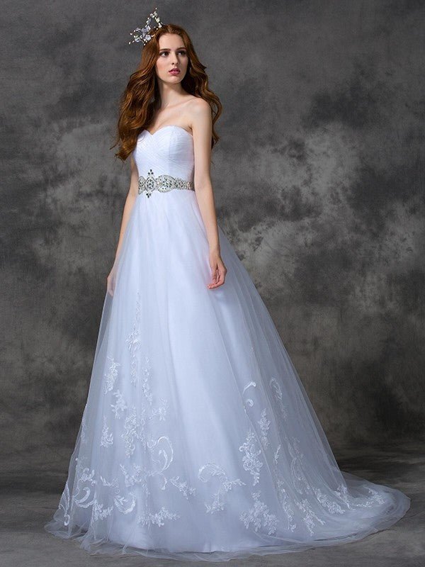 NumberSea - A - line/Princess Sweetheart Beading Sleeveless Long Satin Wedding Dresses