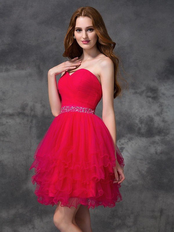 NumberSea - A - line/Princess Sweetheart Beading Sleeveless Short Satin Cocktail Dresses