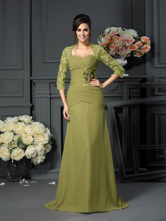 NumberSea - A - Line/Princess Sweetheart Hand - Made Flower 1/2 Sleeves Long Chiffon Mother of the Bride Dresses