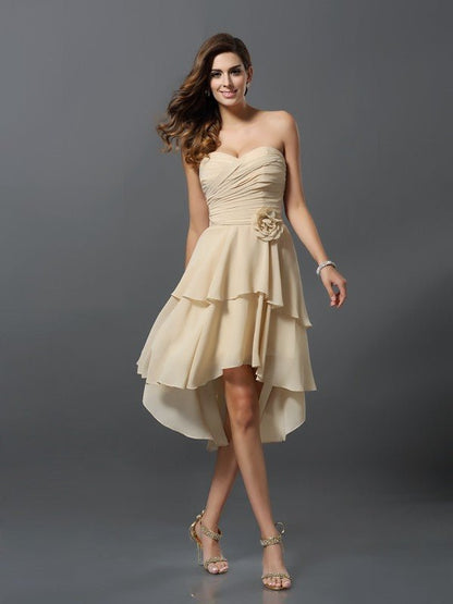 NumberSea - A - Line/Princess Sweetheart Hand - Made Flower Sleeveless High Low Chiffon Bridesmaid Dresses