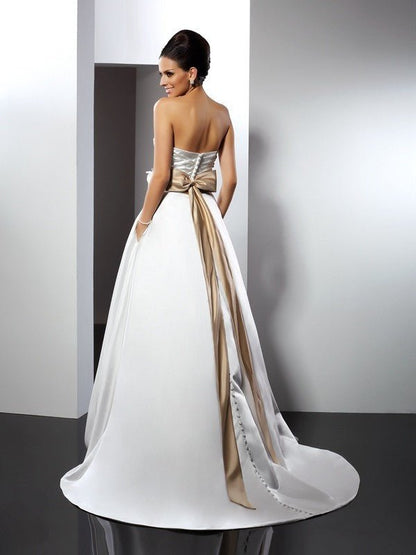 NumberSea - A - Line/Princess Sweetheart Hand - Made Flower Sleeveless Long Satin Wedding Dresses