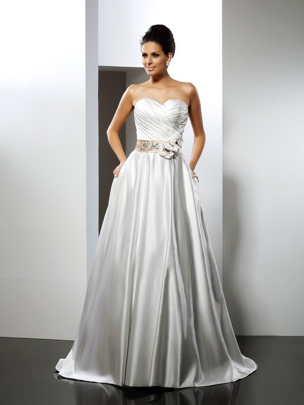 NumberSea - A - Line/Princess Sweetheart Hand - Made Flower Sleeveless Long Satin Wedding Dresses