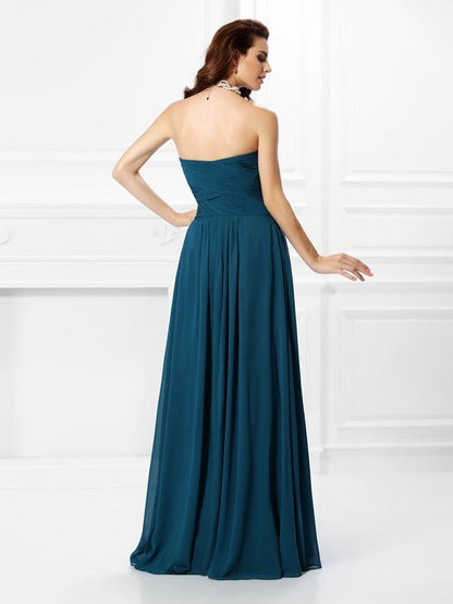 NumberSea - A - Line/Princess Sweetheart Pleats Ruffles Sleeveless Long Chiffon Bridesmaid Dresses