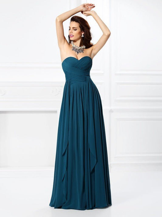 NumberSea - A - Line/Princess Sweetheart Pleats Ruffles Sleeveless Long Chiffon Bridesmaid Dresses