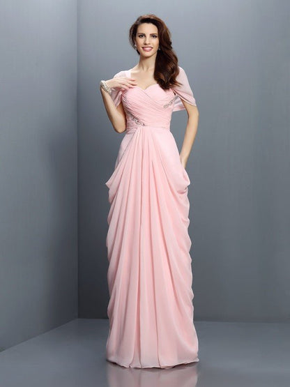 NumberSea - A - Line/Princess Sweetheart Pleats Short Sleeves Long Chiffon Bridesmaid Dresses