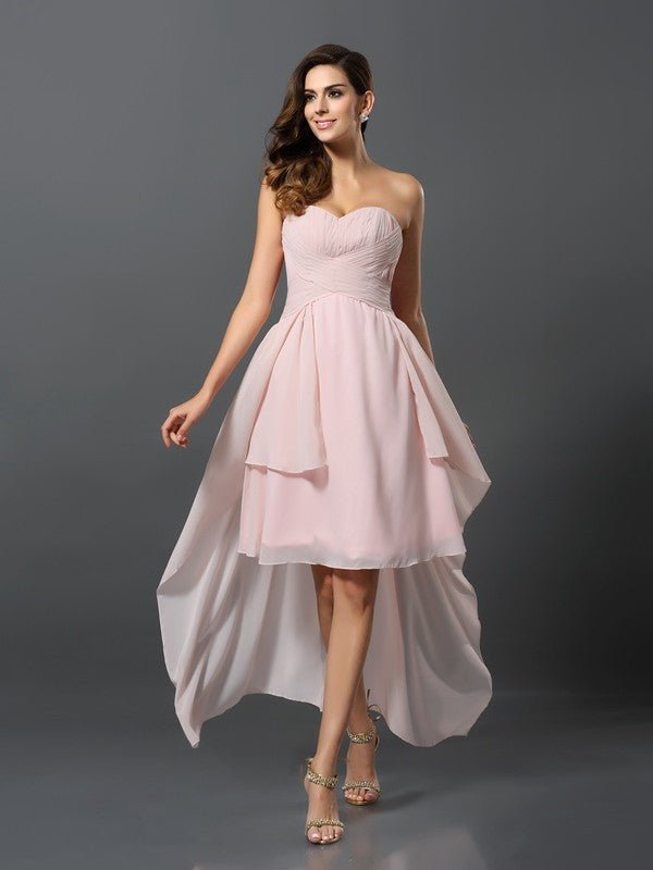 NumberSea - A - Line/Princess Sweetheart Pleats Sleeveless High Low Chiffon Bridesmaid Dresses