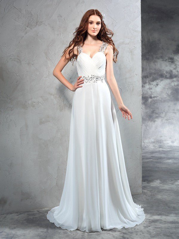 NumberSea - A - Line/Princess Sweetheart Pleats Sleeveless Long Chiffon Wedding Dresses