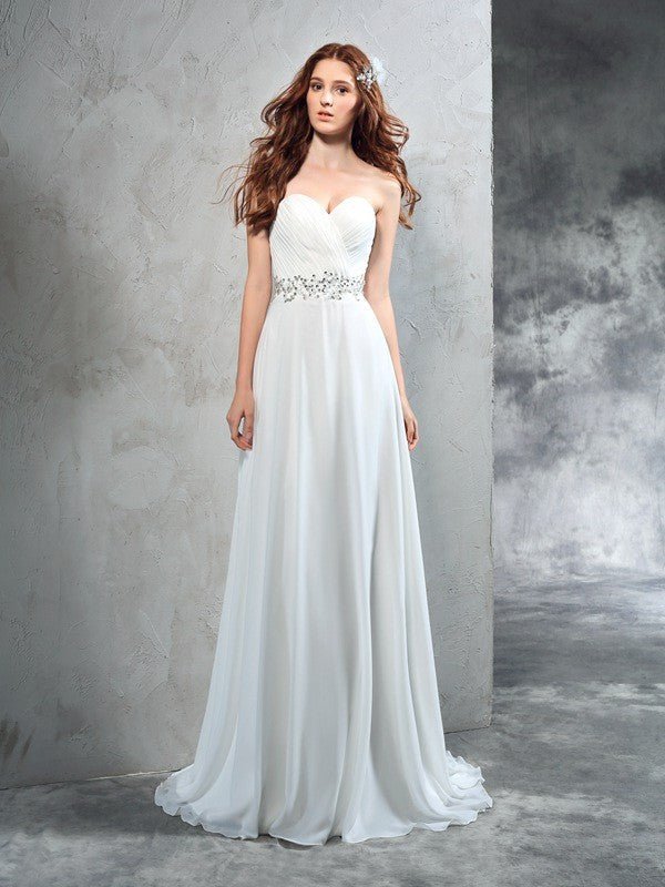 NumberSea - A - Line/Princess Sweetheart Pleats Sleeveless Long Chiffon Wedding Dresses