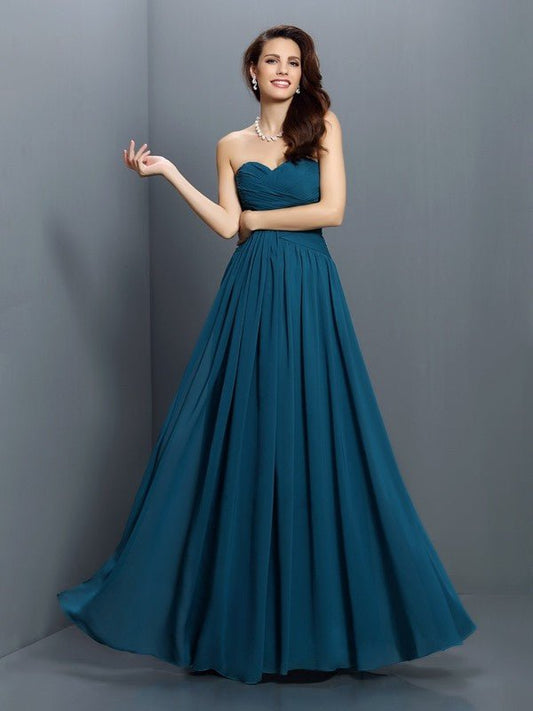 NumberSea - A - Line/Princess Sweetheart Pleats Sleeveless Long Satin Bridesmaid Dresses