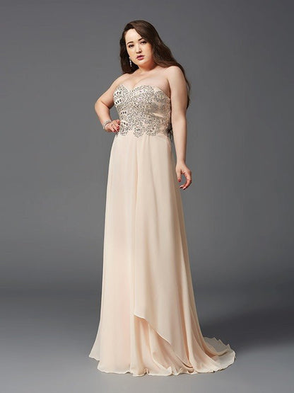 NumberSea - A - Line/Princess Sweetheart Rhinestone Sleeveless Long Chiffon Plus Size Dresses