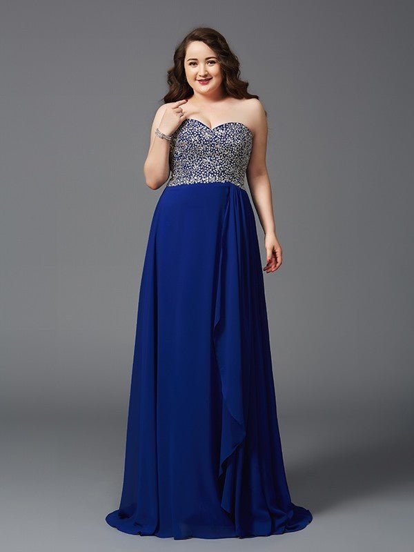 NumberSea - A - Line/Princess Sweetheart Rhinestone Sleeveless Long Chiffon Plus Size Dresses