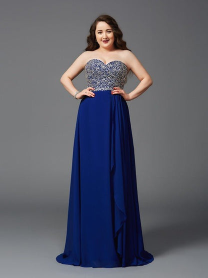 NumberSea - A - Line/Princess Sweetheart Rhinestone Sleeveless Long Chiffon Plus Size Dresses