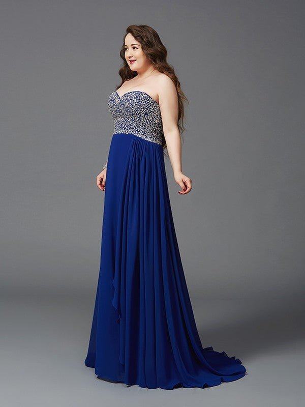 NumberSea - A - Line/Princess Sweetheart Rhinestone Sleeveless Long Chiffon Plus Size Dresses