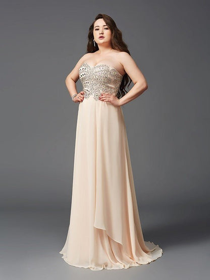 NumberSea - A - Line/Princess Sweetheart Rhinestone Sleeveless Long Chiffon Plus Size Dresses