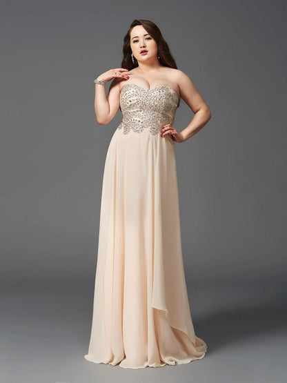 NumberSea - A - Line/Princess Sweetheart Rhinestone Sleeveless Long Chiffon Plus Size Dresses