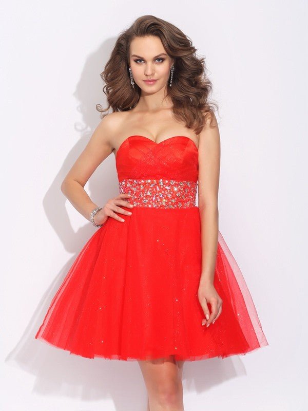 NumberSea - A - Line/Princess Sweetheart Rhinestone Sleeveless Short Net Dresses