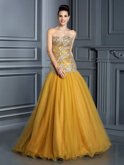 NumberSea - A - Line/Princess Sweetheart Ruffles Sleeveless Long Satin Dresses