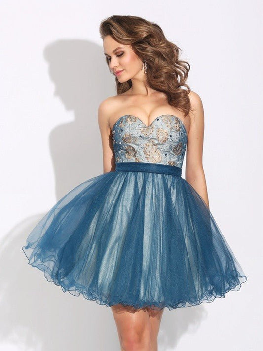 NumberSea - A - Line/Princess Sweetheart Ruffles Sleeveless Short Net Dresses