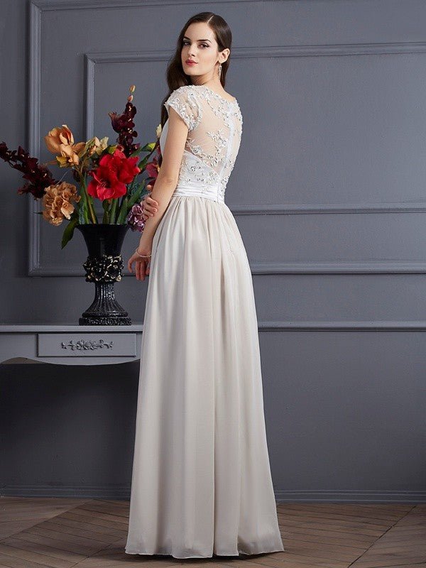 NumberSea - A - Line/Princess Sweetheart Short Sleeves Beading Long Chiffon Dresses