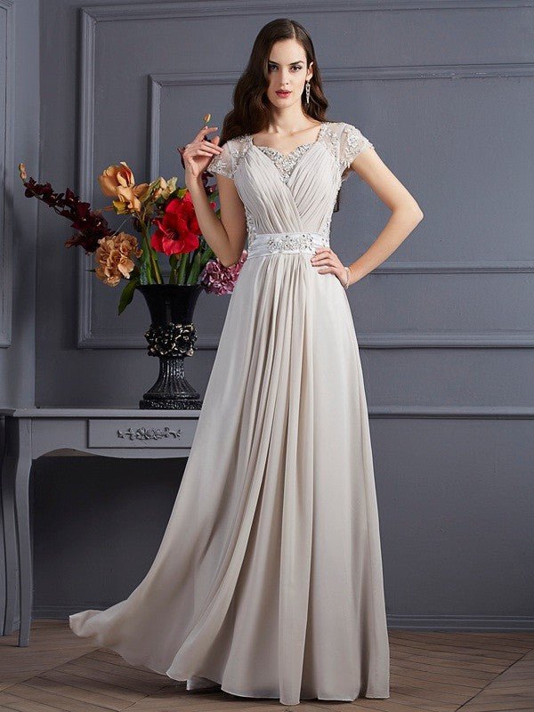 NumberSea - A - Line/Princess Sweetheart Short Sleeves Beading Long Chiffon Dresses