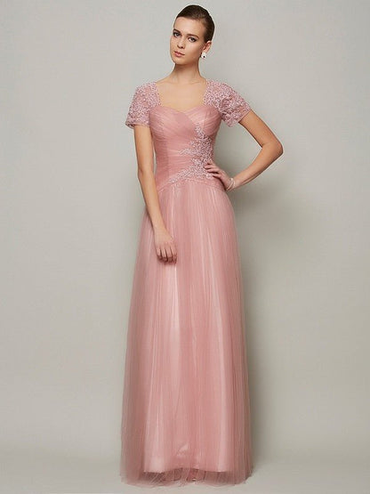 NumberSea - A - Line/Princess Sweetheart Short Sleeves Beading Long Satin Dresses