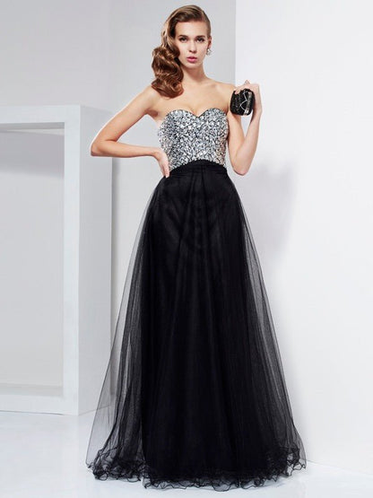 NumberSea - A - Line/Princess Sweetheart Sleeveless Beading Crystal Long Elastic Woven Satin Dresses