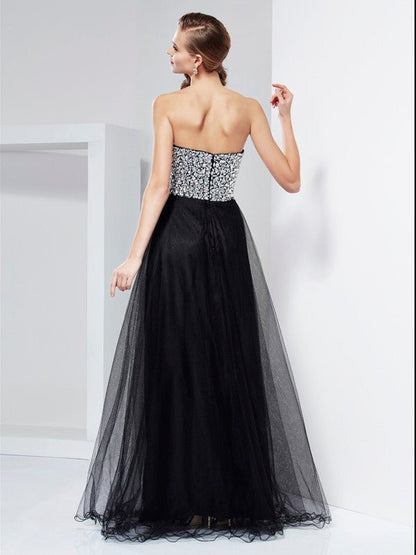 NumberSea - A - Line/Princess Sweetheart Sleeveless Beading Crystal Long Elastic Woven Satin Dresses