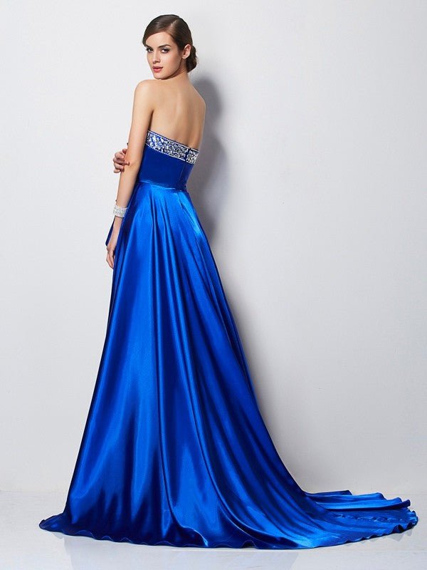 NumberSea - A - Line/Princess Sweetheart Sleeveless Beading High Low Elastic Woven Satin Dresses