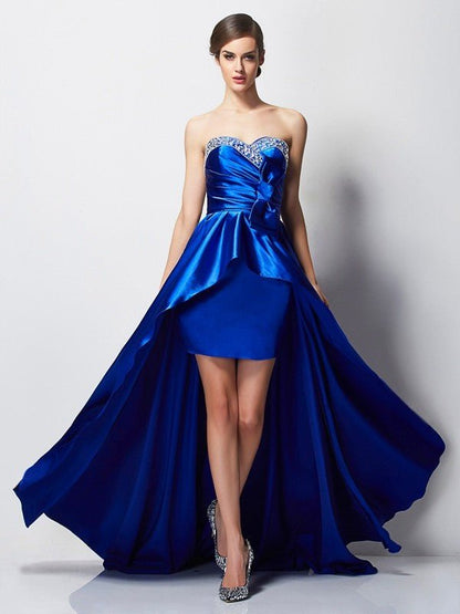 NumberSea - A - Line/Princess Sweetheart Sleeveless Beading High Low Elastic Woven Satin Dresses