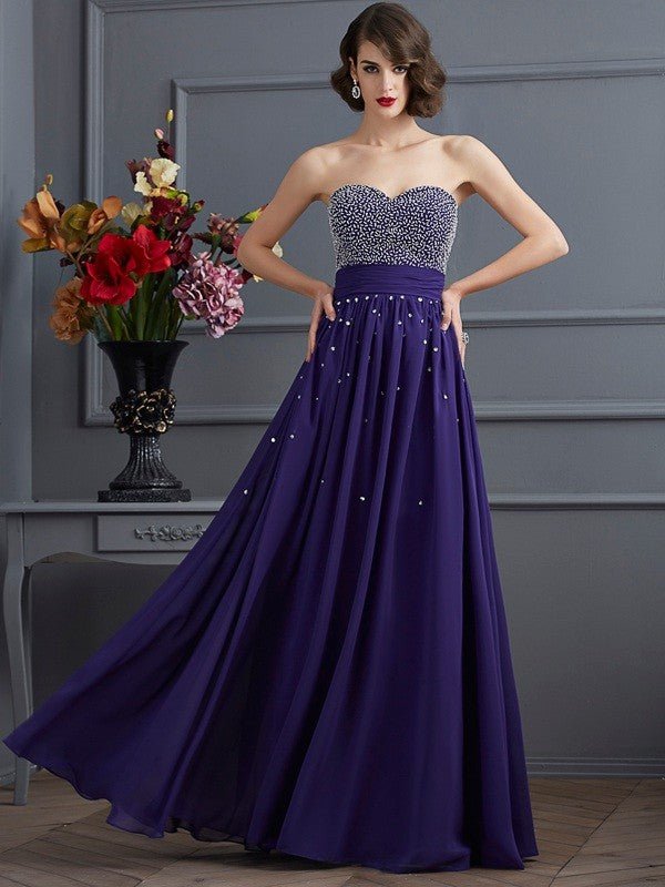 NumberSea - A - Line/Princess Sweetheart Sleeveless Beading Long Chiffon Dresses