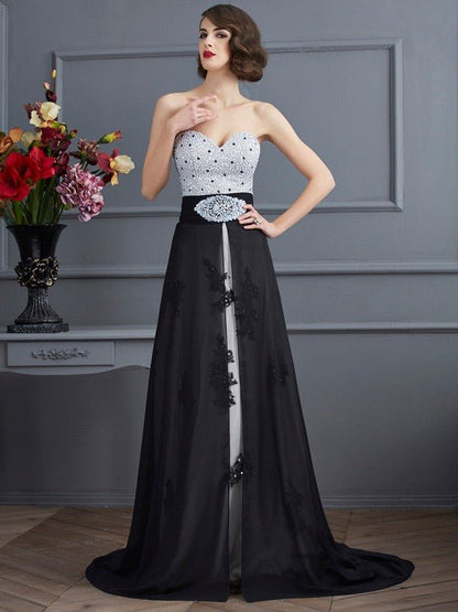 NumberSea - A - Line/Princess Sweetheart Sleeveless Beading Long Chiffon Dresses