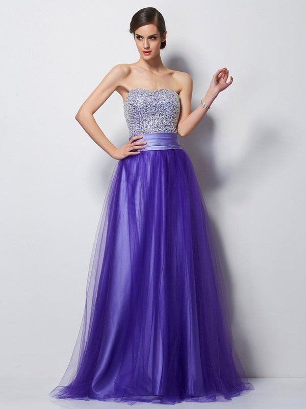 NumberSea - A - Line/Princess Sweetheart Sleeveless Beading Long Net Dresses