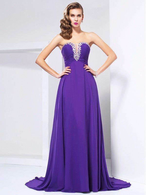 NumberSea - A - Line/Princess Sweetheart Sleeveless Beading Ruched Long Chiffon Dresses